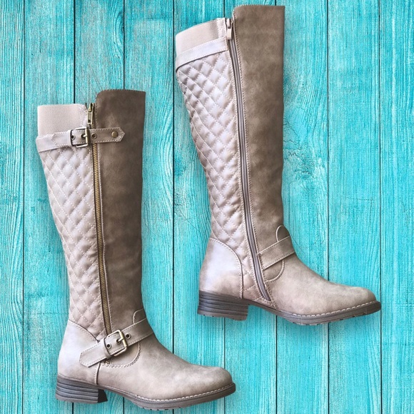 Margo Taupe Quilted Knee High Low Heel Riding Boot - Picture 2 of 9